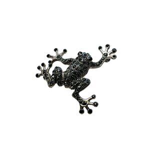 Tree Frog Pin Brooch Dark Silver Tone with Green and Black Rhinestones